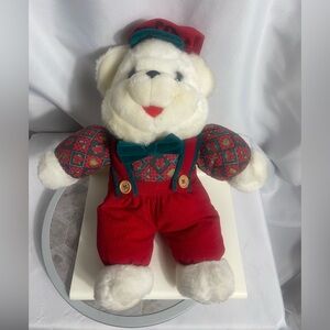 DanDee Vintage Family 1996 Holiday Bears 15" White Red Scaly Cap and Overalls